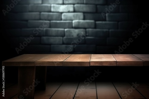 Upstairs of an old wooden table for placing goods with brick block wall scenes. AI-generated images