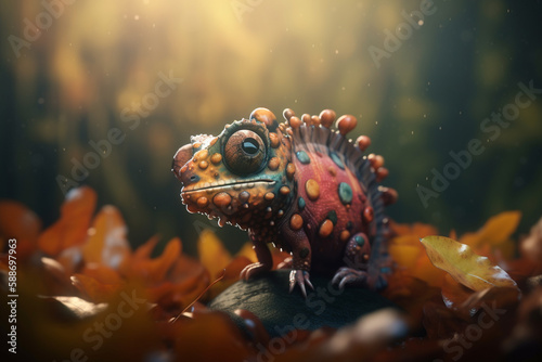 Colorful chameleon enjoying autumn foliage in the park