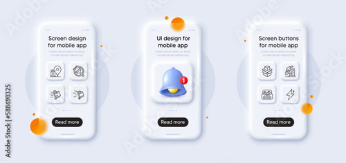 Brush, Power and Toolbox line icons pack. 3d phone mockups with bell alert. Glass smartphone screen. Packing boxes, Charging station, Inventory cart web icon. Vector