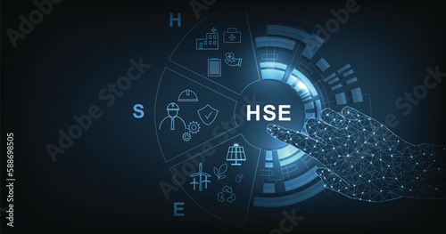 Health Safety Environment (HSE )concept.Health Safety Environment for Standard safe industrial work. HSE Icon Set on dark blue background.	