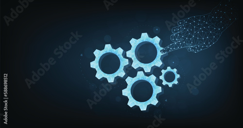 Glowing cogwheel icon on dark blue background. symbol of teamwork and cooperation concept. Strategy for success.