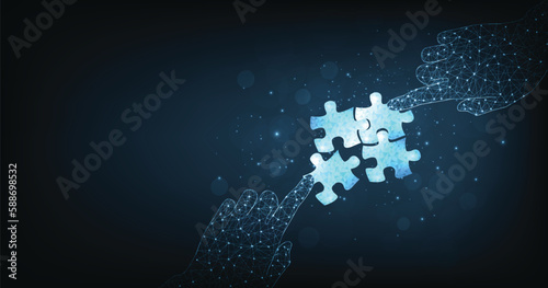  Teamwork and cooperation concept. Strategy for success. jigsaw digital technology blue on dark blue background. puzzle connect achievement low poly wireframe.	