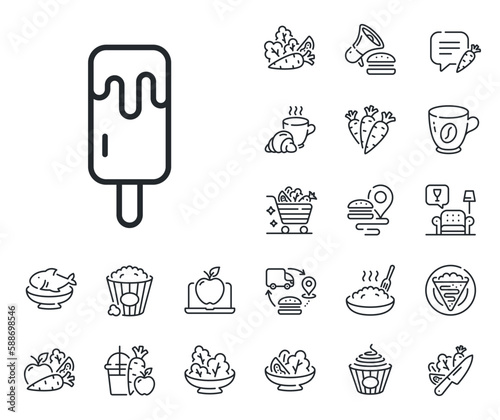 Vanilla sundae sign. Crepe, sweet popcorn and salad outline icons. Ice cream on stick line icon. Frozen summer dessert symbol. Ice cream line sign. Pasta spaghetti, fresh juice icon. Vector