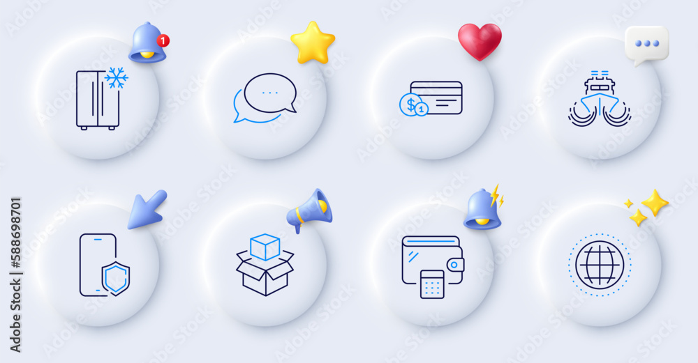 Wallet, Payment method and Dots message line icons. Buttons with 3d bell, chat speech, cursor. Pack of Packing boxes, Globe, Refrigerator icon. Phone protect, Ship pictogram. Vector Wallet, Payment method and Dots message line icons. Buttons with 3d bell, chat speech, cursor. Pack of Packing boxes, Globe, Refrigerator icon. Phone protect, Ship pictogram. Vector