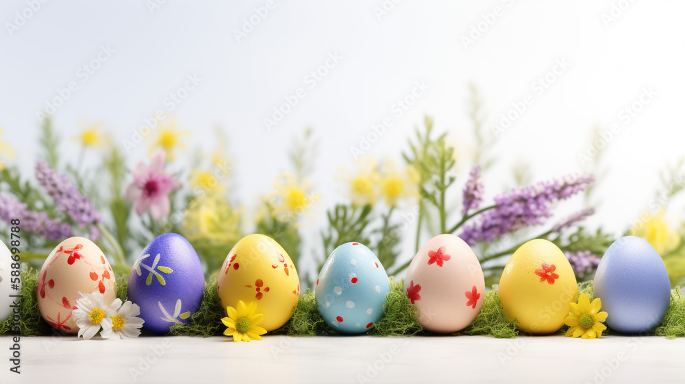 A festive Easter banner with a row of colorful eggs and spring flowers using a panoramic aspect ratio and natural light A festive Easter banner with a row of colorful eggs and spring flowers using a panoramic aspect ratio and natural light