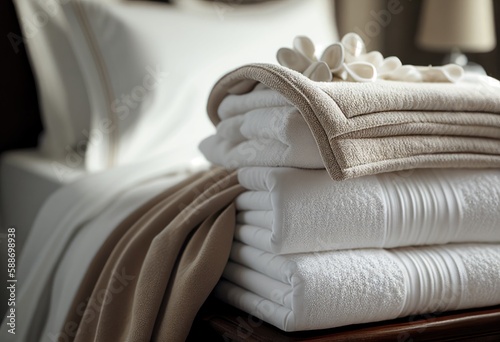 Folded Stack of Fresh Guest towels On Hotel Bed Generative AI