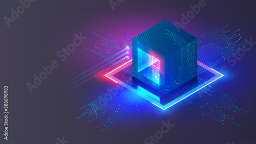 Blockchain technology conceptual banner. Mining, exchange, p2p arbitration of cryptocurrency. Digital Block or cube consisting at digital financial data. Fintech abstract background. Block chain tech.
