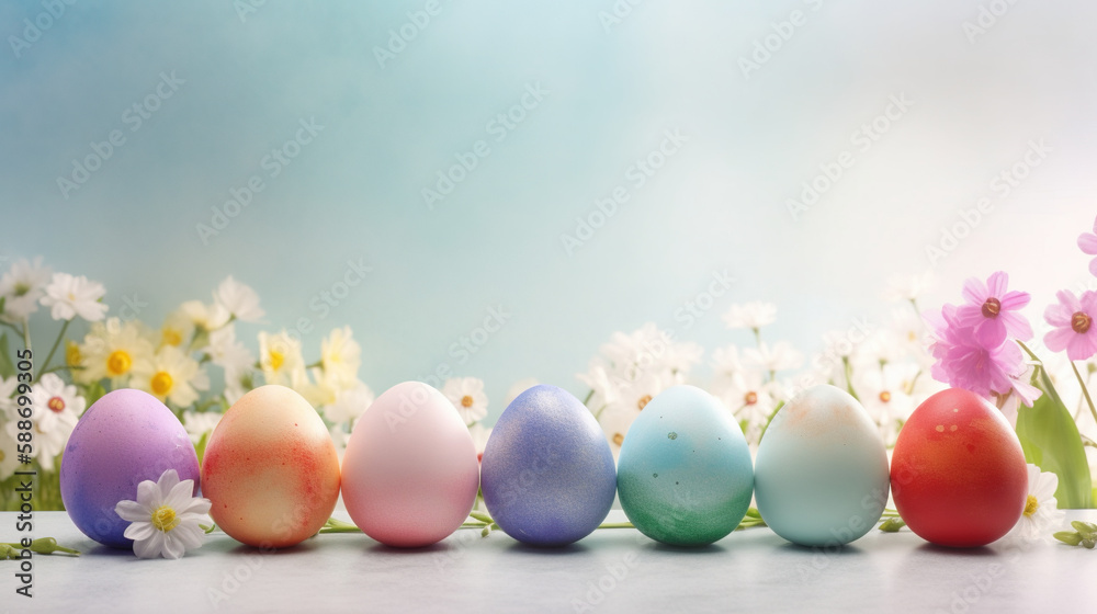 A festive Easter banner with a row of colorful eggs and spring flowers using a panoramic aspect ratio and natural light