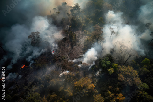 Aerial photography of a massive forest fire. Drone top view of wildfire with smoke and burning trees from the height of a bird flight. Ecological catastrophe. 6K high resolution image. Generative AI