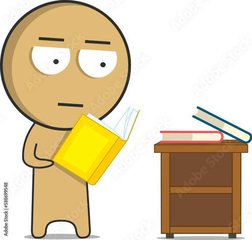 Cartoon character reading a book in front of a desk.