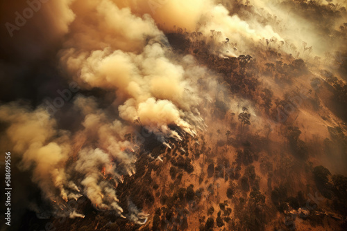 Aerial photography of a massive forest fire. Drone top view of wildfire with smoke and burning trees from the height of a bird flight. Ecological catastrophe. 6K high resolution image. Generative AI