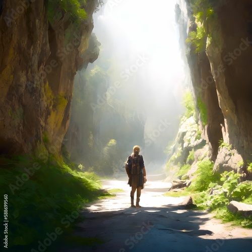 person walking through a rocky forest