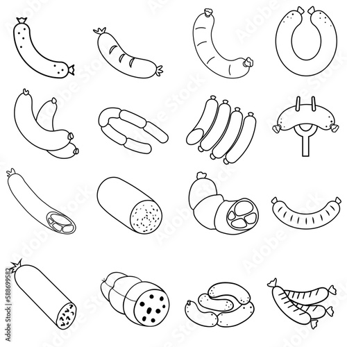 Sausages icon vector set. Meat products illustration sign collection. BBQ symbol or logo.