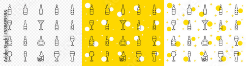 Set of Craft beer, Whiskey and Wine glass icons. Wine bottle line icons. Champagne bottle, Alcohol drink and Scotch with ice. Wineglass, Beer glass and Restaurant goblet signs. Beverage drink. Vector
