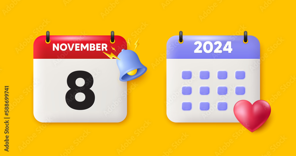 Calendar date 3d icon. 8th day of the month icon. Event schedule date. Meeting appointment time. 8th day of November month. Calendar event reminder date. Vector Calendar date 3d icon. 8th day of the month icon. Event schedule date. Meeting appointment time. 8th day of November month. Calendar event reminder date. Vector