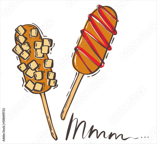 Set of Korean corn dogs. Street Asian food. Vector illustration in a flat style.