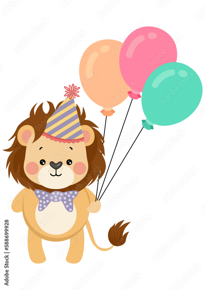 Happy birthday cute lion holding three balloons