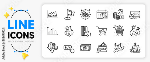 Stress, Calendar graph and Internet shopping line icons set for app include Hot offer, Loyalty points, Payment outline thin icon. Change money, Milestone, Armed robbery pictogram icon. Vector