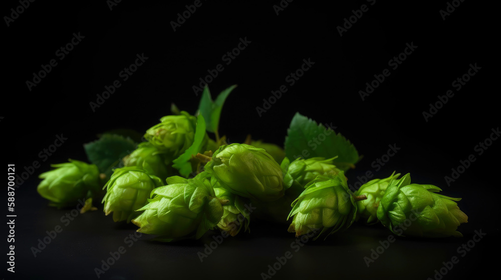 Green hops on black background with copy space. Generative AI Green hops on black background with copy space. Generative AI