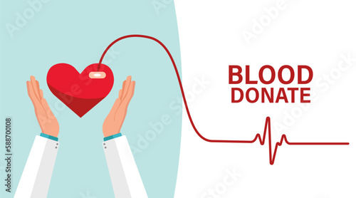 Donate Blood. Poster for World Blood Donor Day. Concept heart and heart. Isolated. Vector illustration.