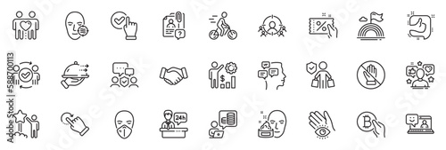 Icons pack as Approved teamwork, Corrupt and Friends couple line icons for app include Search employee, Checkbox, Cyclist outline thin icon web set. Reception desk, Medical mask. Vector