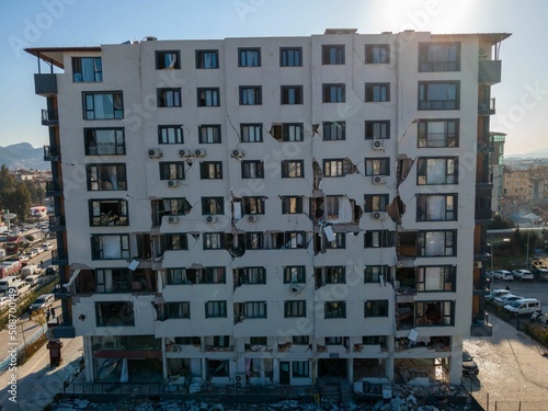 Aerial view of a damaged building of Hatay, Turkey
