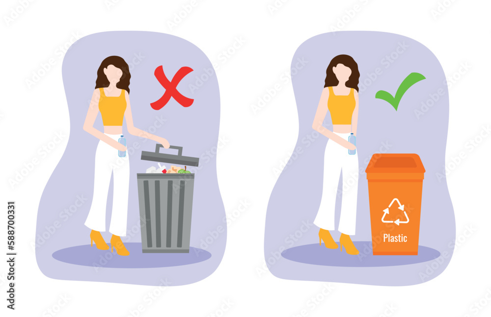 Right and wrong examples of garbage disposal. Woman throwing out the trashRight and wrong examples of garbage disposal. Woman throwing out the trash Right and wrong examples of garbage disposal. Woman throwing out the trashRight and wrong examples of garbage disposal. Woman throwing out the trash