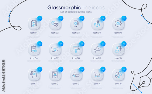 Set of Chemistry lab, Accounting checklist and Megaphone box line icons for web app. Petrol station, Messages, Wallet icons. Quick tips, Web call, Crane claw machine signs. Market sale. Vector