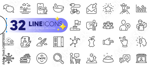 Outline set of Chemical formula, Open door and Swimming pool line icons for web with Open mail, Search employee, Sun protection thin icon. Delete user, Touchscreen gesture. Vector