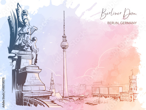 Berlin city center view from the Berlin Cathedral dome. Black line drawing isolated on watercolour textured grunge background. Eps10 vector illustration.