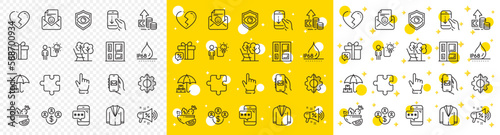 Outline Phone password, Eye detect and Business idea line icons pack for web with Transform, Puzzle, Broken heart line icon. Cursor, Entrance, Deckchair pictogram icon. Buying currency. Vector