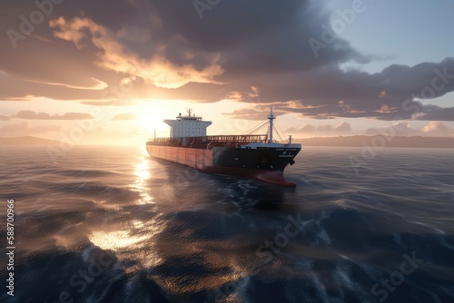 Cargo tanker with colored containers at sea, sunset or sunrise. Generative AI
