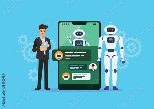 Businessman is talking or chatting with chat bot photo