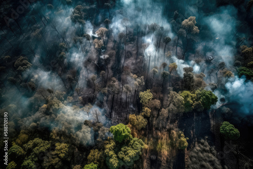 Aerial photography of a massive forest fire in the Canada 2023. Drone top view of wildfire with smoke and burning trees. Ecological catastrophe. 6K high resolution image. Generative AI