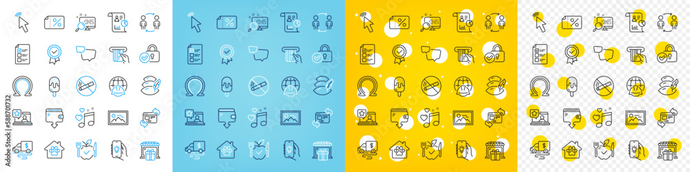 Vector icons set of Workflow, Tested stamp and Voting ballot line icons pack for web with Speech bubble, Pillow, Discount banner outline icon. Search, Photo, Report pictogram. Vector