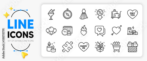 Love, Discount and Electric bike line icons set for app include Ice creams, Surprise, Heart outline thin icon. Luggage trolley, Travel compass, Dress pictogram icon. Heart flame, Puzzle. Vector