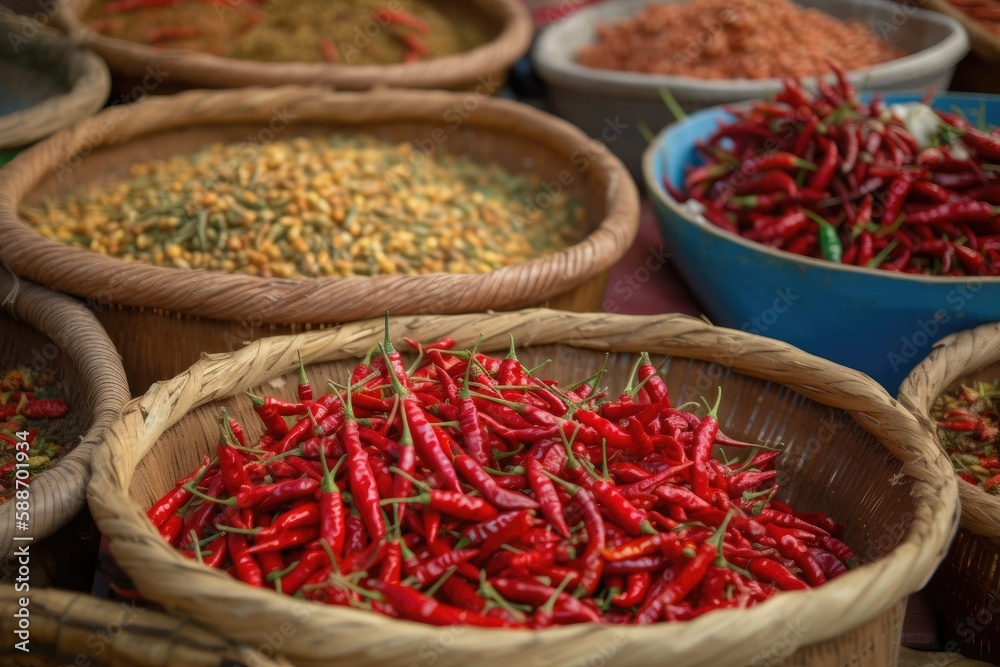 variety of chillies on a oriental market variety of chillies on a oriental market