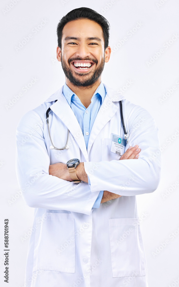 Portrait, doctor and Asian man with arms crossed, smile and confident guy isolated on white studio background. Face, male employee and medical professional with leadership, experience and healthcare Portrait, doctor and Asian man with arms crossed, smile and confident guy isolated on white studio background. Face, male employee and medical professional with leadership, experience and healthcare