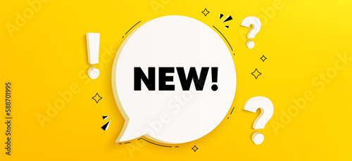 New tag. Chat speech bubble banner with questions. Special offer sign. New arrival symbol. Arrivals speech bubble message. Quiz chat box. Vector