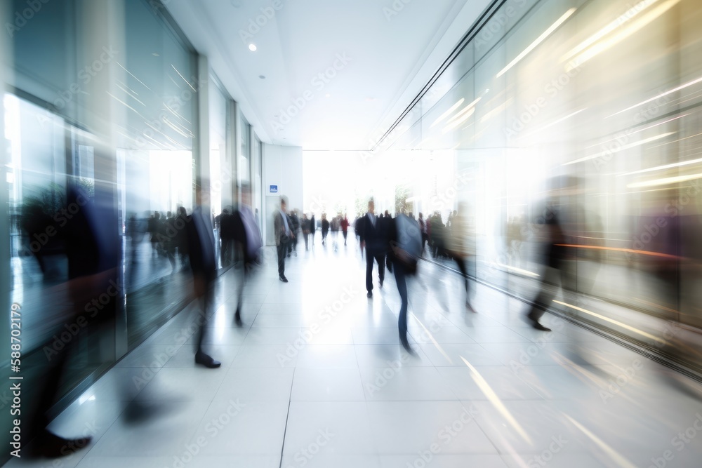 Crowd of Business People Walking in Office -  Moving Fast - Motion Blur 