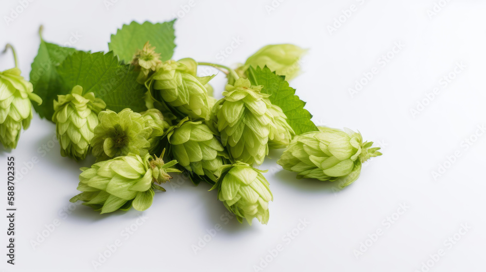 Green hops on white background with copy space. Generative AI Green hops on white background with copy space. Generative AI