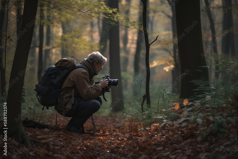 Image of a photographer taking pictures of a woodland waterfall at sunset.