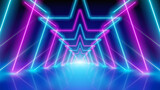 Glowing neon lines, star shaped led arcade, stage light, tunnel. Pink blue purple corridor glowing neon arch, perspective. Abstract technology background. Bright stage light. Vector illustration