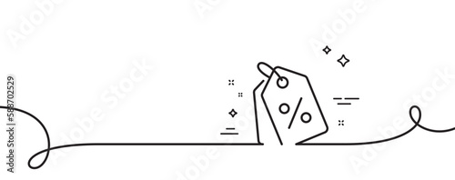 Shopping tags line icon. Continuous one line with curl. Special offer sign. Discount coupons symbol. Discount tags single outline ribbon. Loop curve pattern. Vector