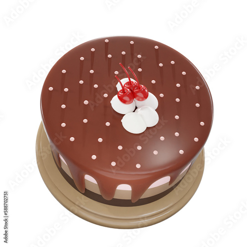 Chocolate cake with red cherry, food, birthday, party, for mockup template, Premium Quality, PNG, decoration,  3d, illustration, view render, hd, alpha background, format, new year