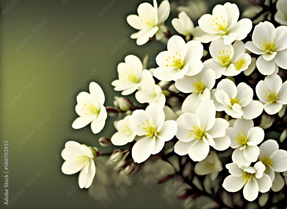 Fototapeta premium Fresh branch of white flowers on a green background