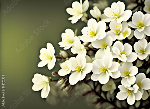 Fresh branch of white flowers on a green background
