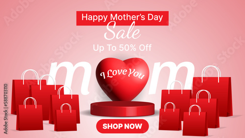 3d mother's day sale banner with heart shape, shopping bag and podium in red color