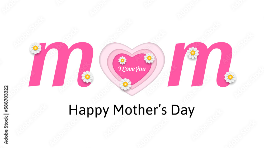 happy mother's day greeting card background with heart shapes paper cut style and flowers