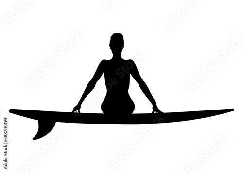 Logo club de surf. Silueta de mujer desnuda sentada en tabla de surf